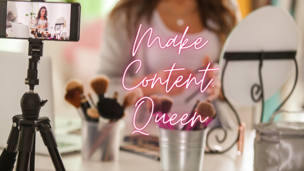 Woman filming beauty content with makeup brushes and mirror, showcasing social media content creation setup