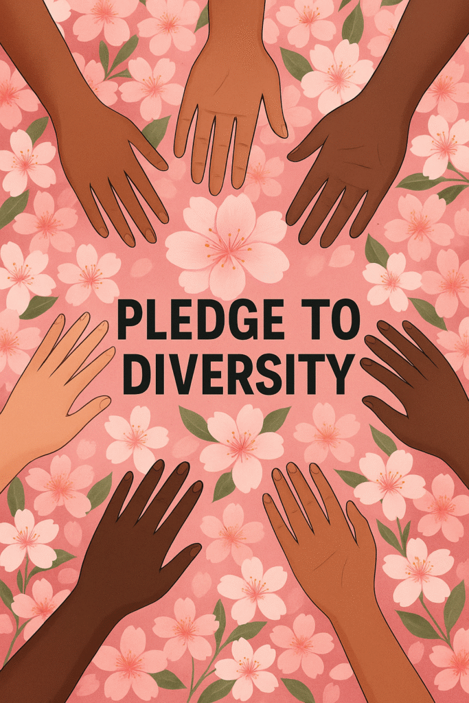 Pledge to Diversity – Blossom To Success - Blossom to Success Digital illustration of diverse hands reaching toward a glowing sakura blossom, symbolizing inclusivity, empowerment, and unity.