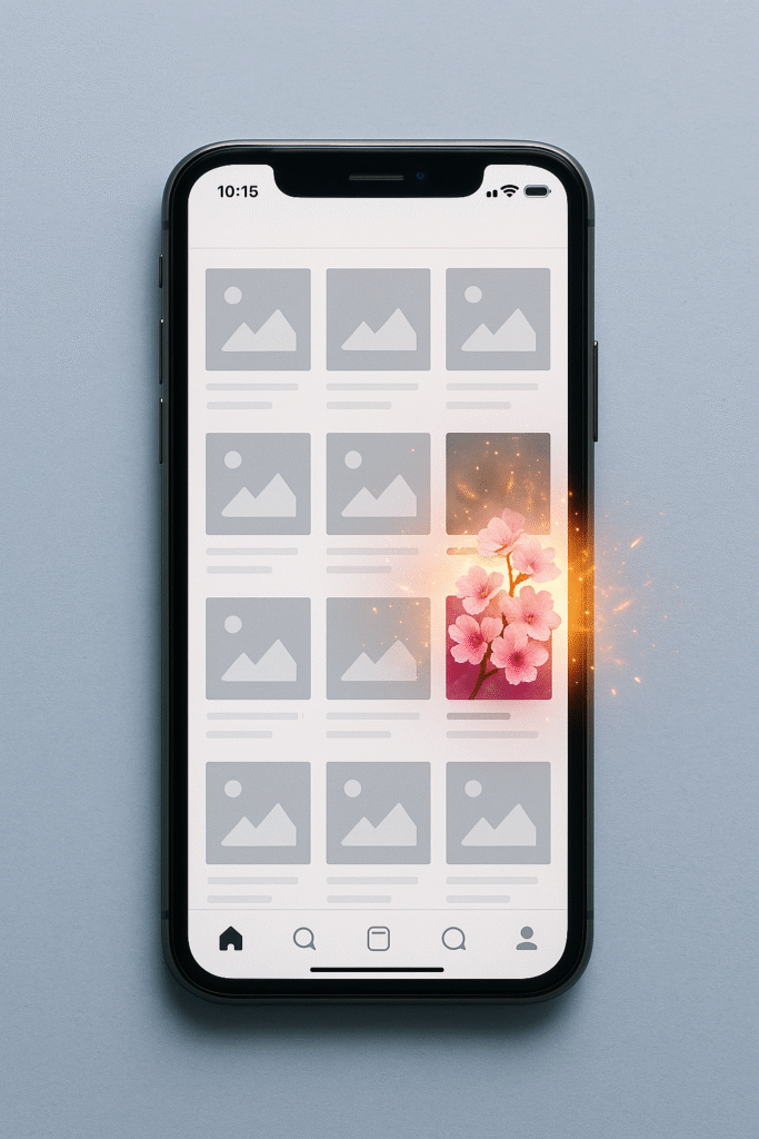 Smartphone showing dull gray social media posts with one vibrant cherry blossom-colored post breaking through, symbolizing disruptive social media.