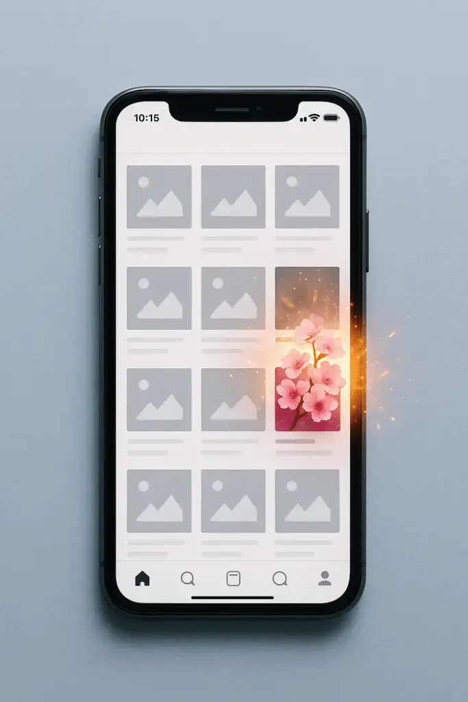 Smartphone showing dull gray social media posts with one vibrant cherry blossom-colored post breaking through, symbolizing disruptive social media.