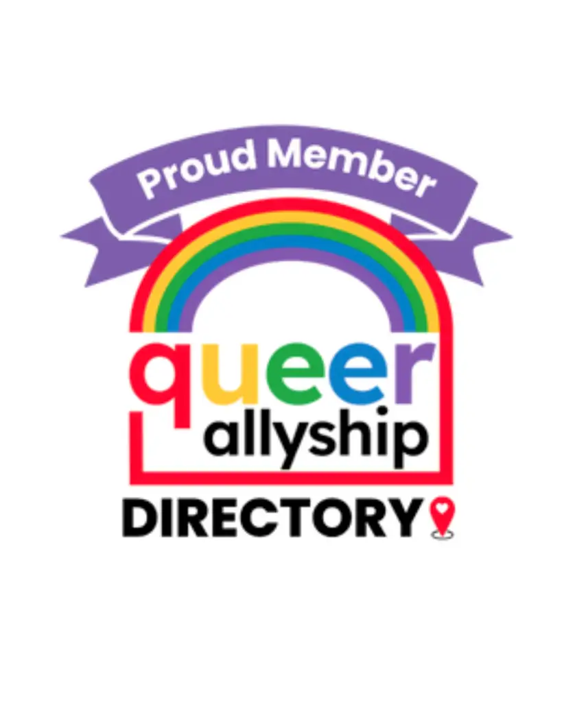 Queer Allyship Directory proud member badge with rainbow logo, representing LGBTQ+ inclusive business allyship.