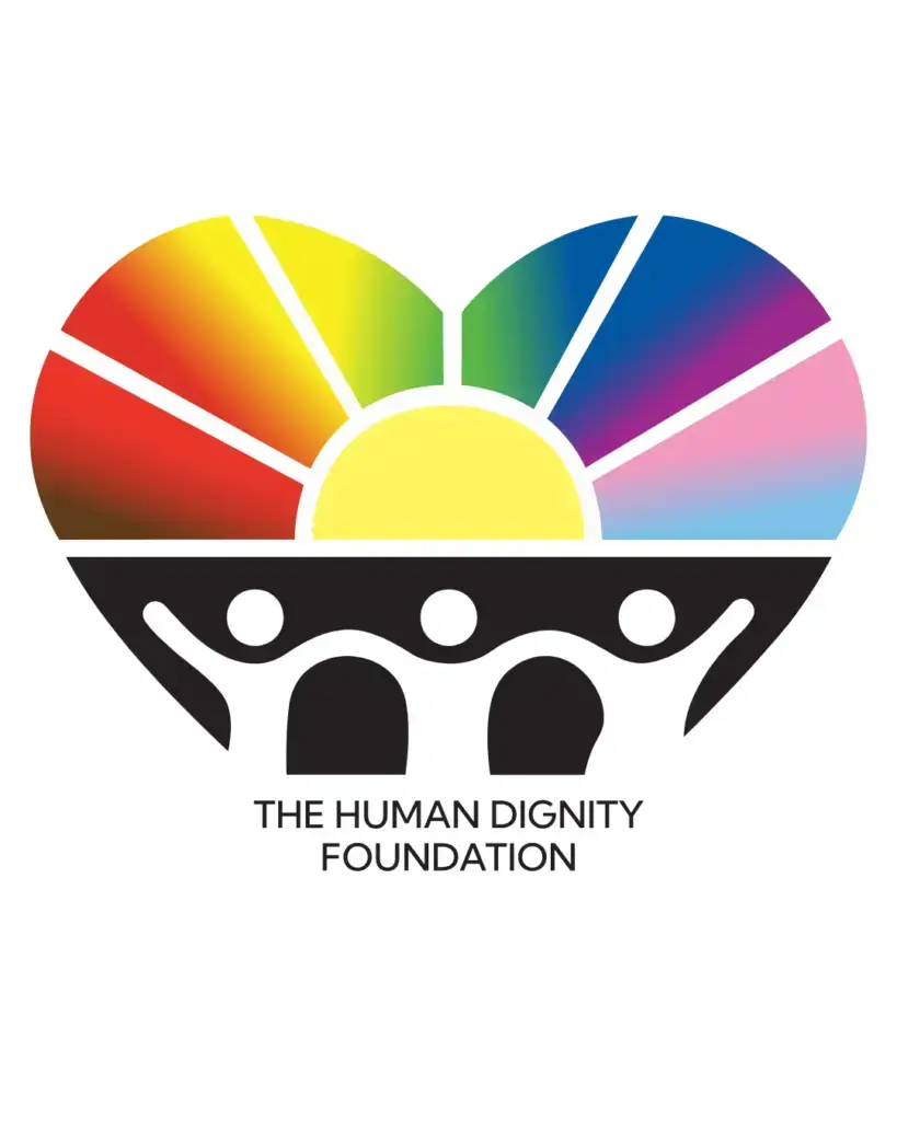 The Human Dignity Foundation logo featuring a rainbow-colored heart, sun, and people holding hands