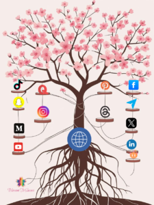 Cherry blossom tree with pink flowers and intricate root system underground, connected by flowing vines to floating social media platform icons including Facebook, Instagram, TikTok, LinkedIn, and YouTube arranged in a circle around the tree