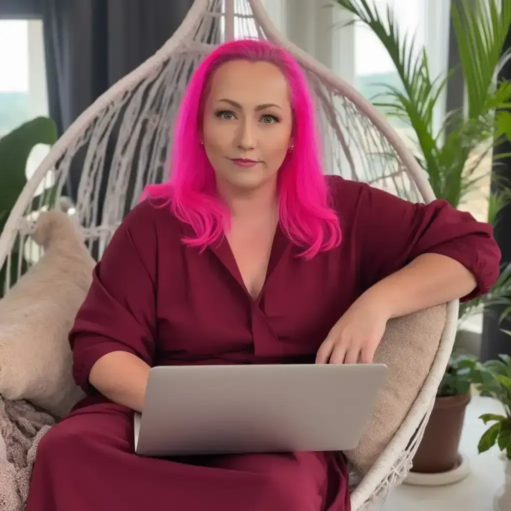 Karen Hewitt, disruptive strategist and keynote speaker, working on laptop while mentoring entrepreneurs in social media strategy and providing elite social media management