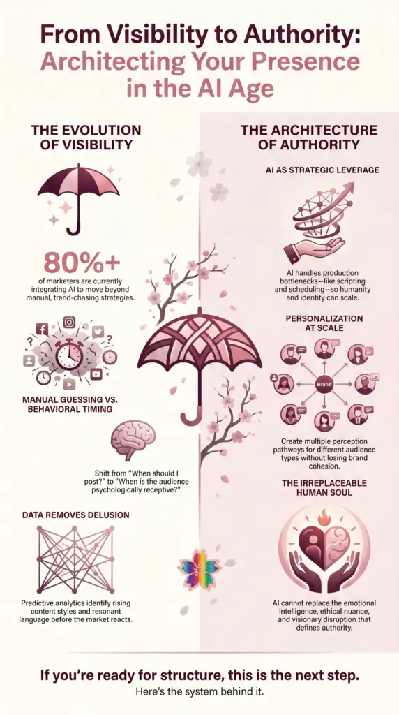 Infographic showing how AI is disrupting traditional social media marketing by transforming visibility into authority through automation, predictive analytics, personalization, and human-centered strategy.