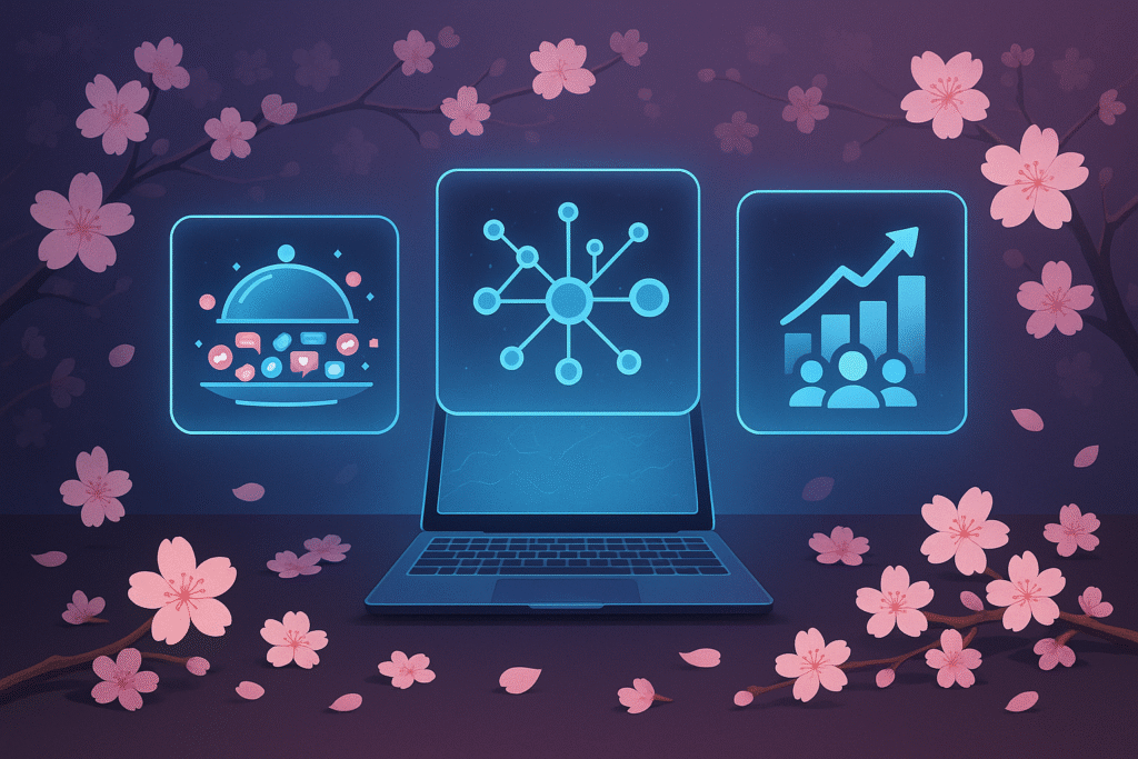 Laptop with glowing AI tool icons for Blotato, AI for Business, and Metricool surrounded by cherry blossom petals