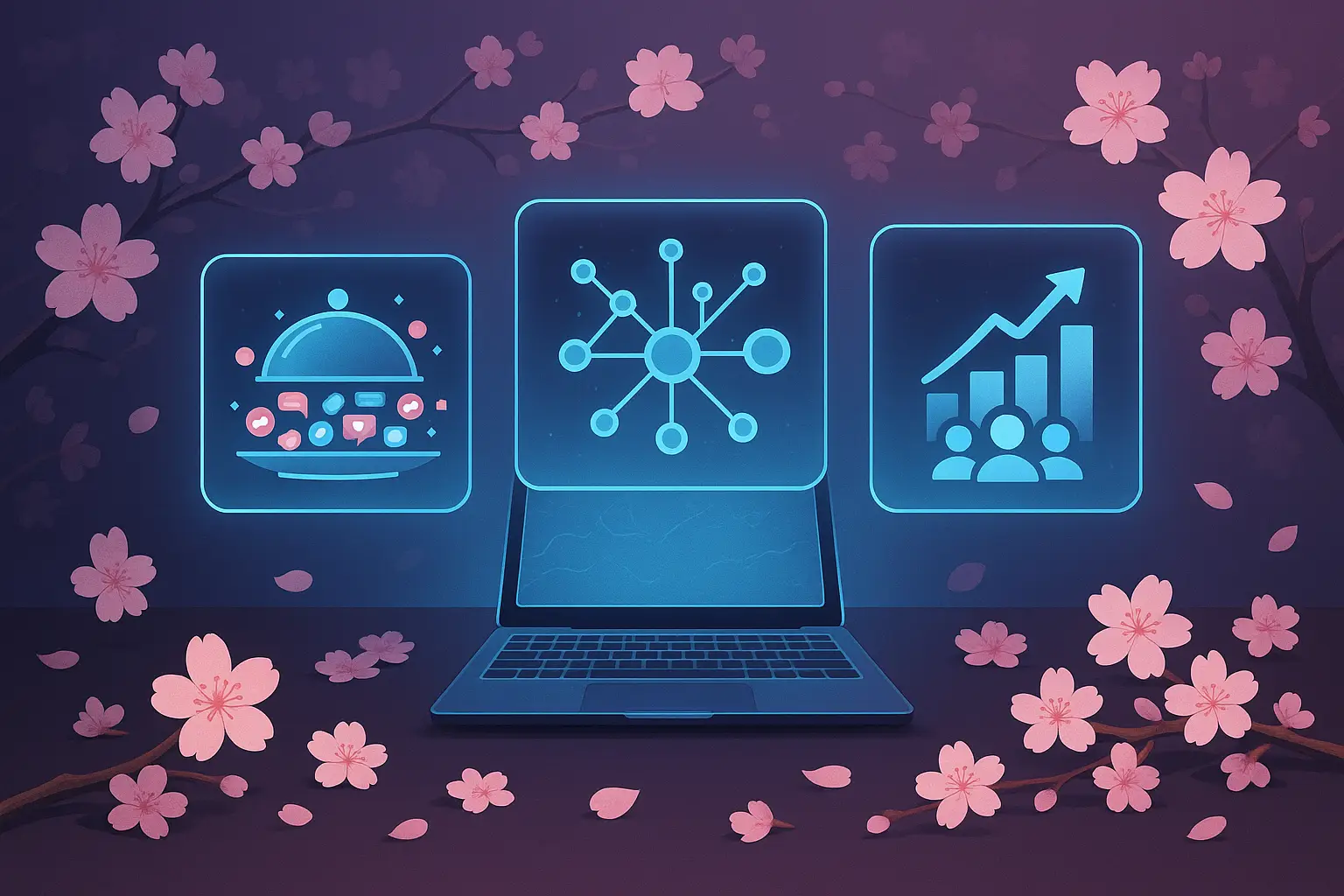 AI Tools for Social Media Marketing - Blossom to Success Laptop with glowing AI tool icons for Blotato, AI for Business, and Metricool surrounded by cherry blossom petals