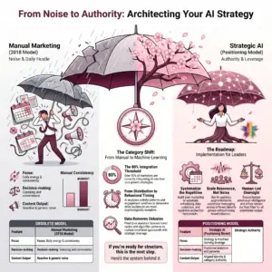 Infographic comparing manual marketing and strategic ai, showing the shift from outdated social media hustle to ai-powered authority through automation, predictive analytics, and human-led strategy.