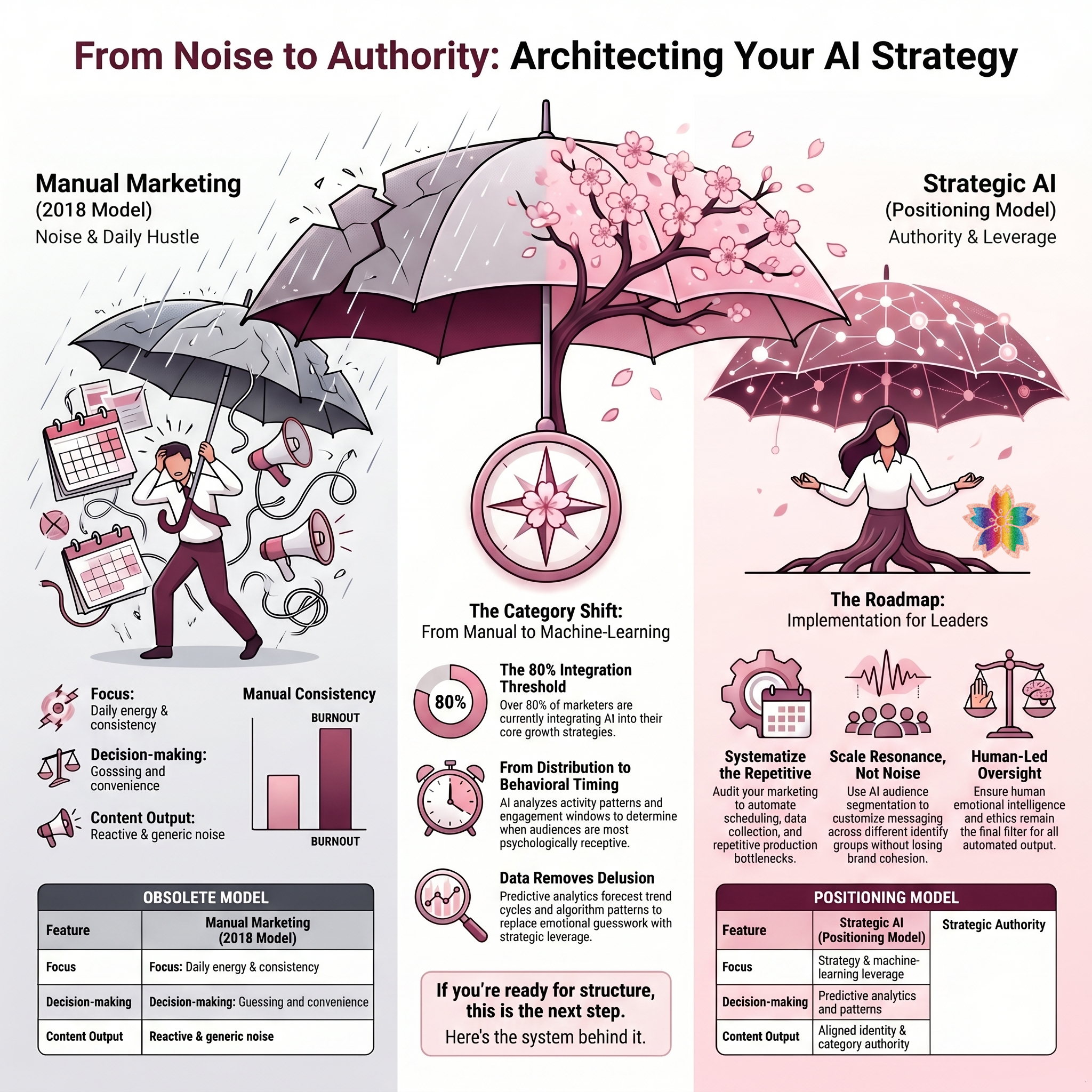 Infographic comparing manual marketing and strategic AI, showing the shift from outdated social media hustle to AI-powered authority through automation, predictive analytics, and human-led strategy.