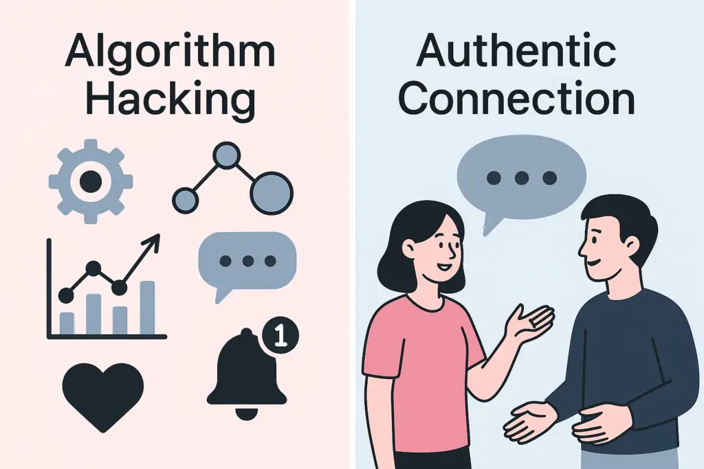 Flat illustration of two figures connecting through social media with a brain and heart symbol, representing authentic connection over algorithm hacks