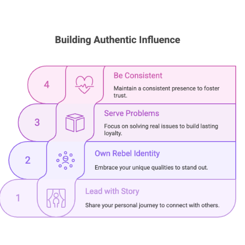 Infographic showing 4 steps to building authentic influence on social media: lead with story, own your rebel identity, serve problems, and be consistent to foster trust.