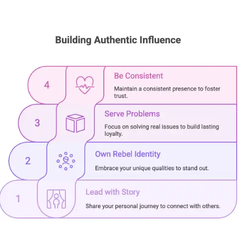 Infographic showing 4 steps to building authentic influence on social media: lead with story, own your rebel identity, serve problems, and be consistent to foster trust.