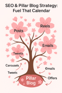 SEO & Pillar Blog Strategy – Cherry Blossom Repurposing Map - Blossom to Success Cherry blossom infographic showing a “Pillar Blog” feeding repurposed content branches: Posts, Reels, Emails, Offers, Carousels, Tweets.