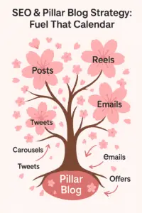 Cherry blossom infographic showing a “Pillar Blog” feeding repurposed content branches: Posts, Reels, Emails, Offers, Carousels, Tweets.