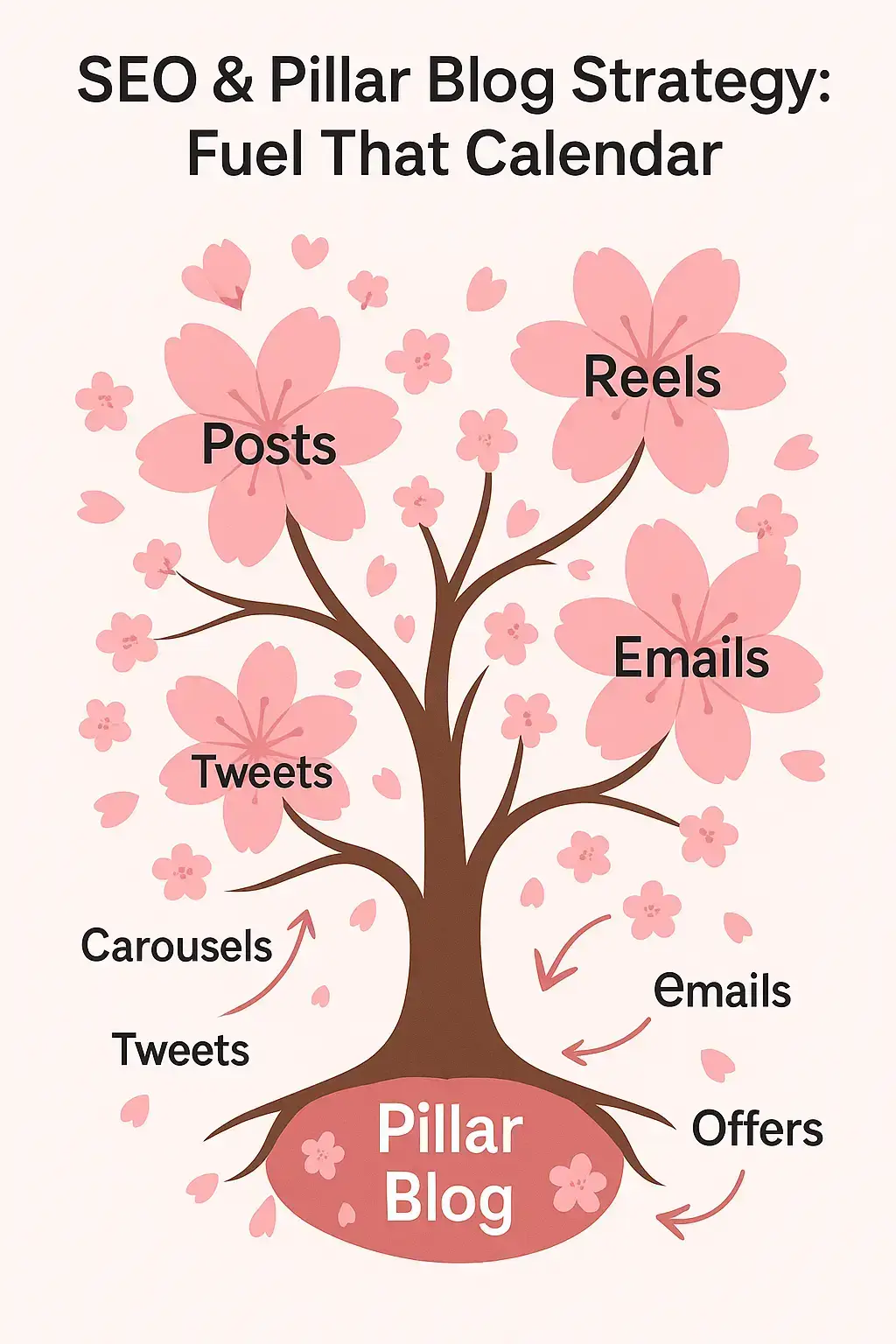 Cherry blossom infographic showing a “Pillar Blog” feeding repurposed content branches: Posts, Reels, Emails, Offers, Carousels, Tweets.