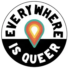 Everywhere Is Queer logo featuring a rainbow location pin with bold black and white text — LGBTQ+ inclusive business directory logo.