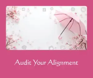 Pink umbrella surrounded by cherry blossoms and soft social media icons, symbolizing clarity, alignment, and structure in social media strategy.