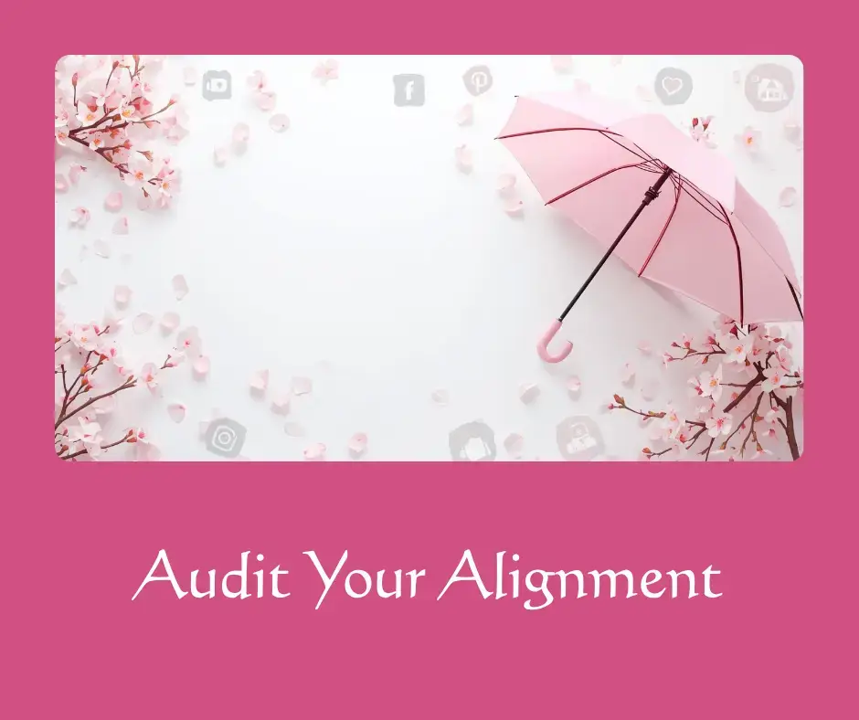Pink umbrella surrounded by cherry blossoms and soft social media icons, symbolizing clarity, alignment, and structure in social media strategy.
