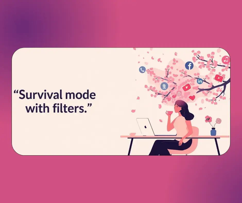 Woman surrounded by floating social media icons, calmly sipping tea as cherry blossoms swirl around her — representing finding clarity and balance in social media strategy.”