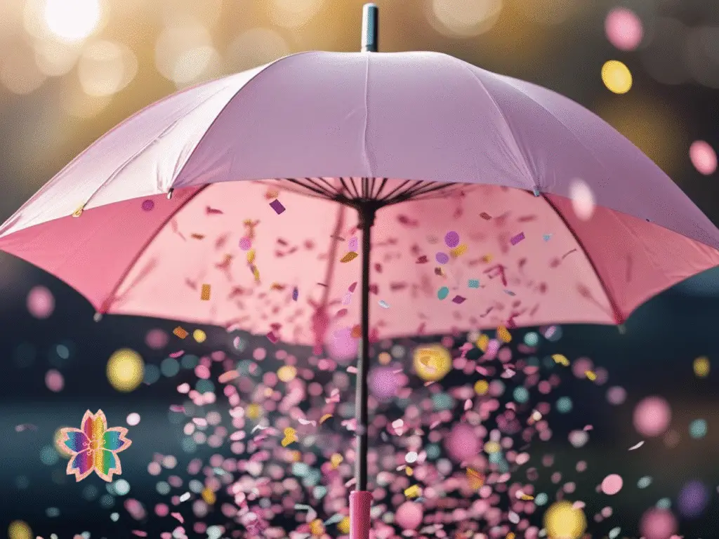 “Pink umbrella releasing colorful confetti and cherry blossom petals against a soft glowing background, symbolizing unity, celebration, and connection within a personal brand ecosystem.”