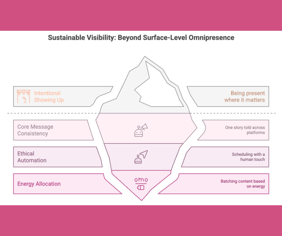 Sustainable Visibility: Beyond Surface-Level Omnipresence - Blossom to Success Infographic of an iceberg showing the layers of sustainable social media visibility. The top represents surface-level omnipresence—showing up and being present where it matters—while the deeper layers represent core message consistency, ethical automation, and energy-based content batching.