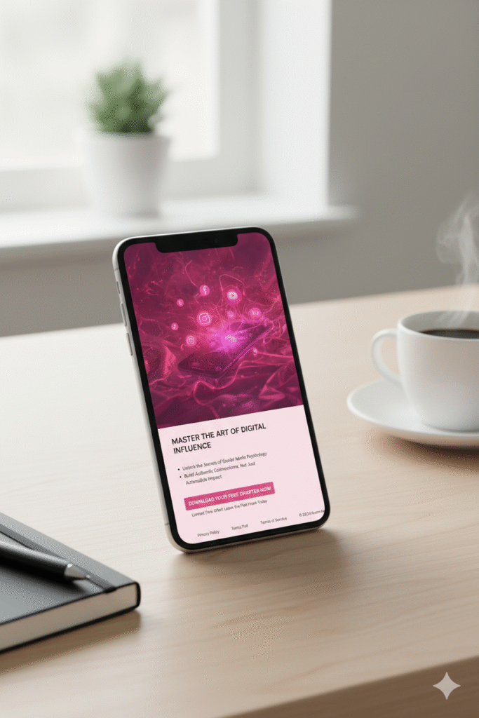 Pink neon digital Instagram-style screen on a smartphone on a desk, symbolizing viral content and social media strategy.