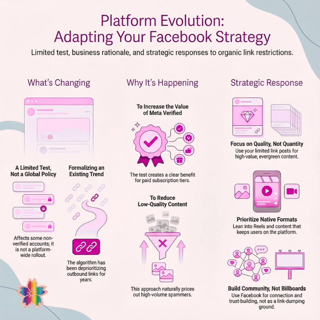 Infographic explaining Facebook link limits, Meta’s platform test, and how businesses can adapt their social media strategy