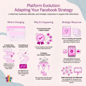 Facebook Link Limits and Meta Strategy Update for Businesses - Blossom to Success Infographic explaining Facebook link limits, Meta’s platform test, and how businesses can adapt their social media strategy