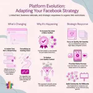 Infographic explaining Facebook link limits, Meta’s platform test, and how businesses can adapt their social media strategy