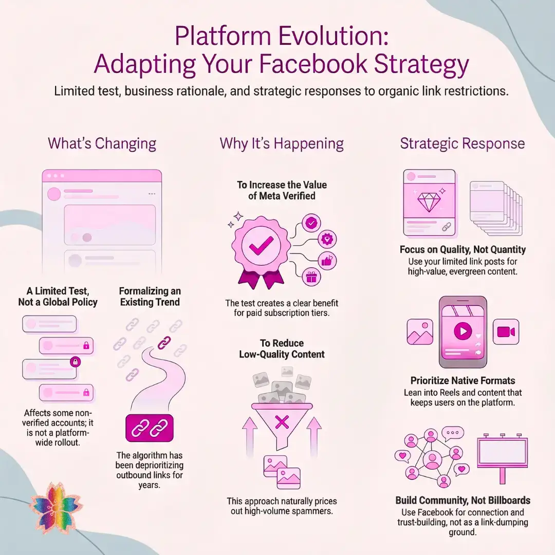 Infographic explaining Facebook link limits, Meta’s platform test, and how businesses can adapt their social media strategy