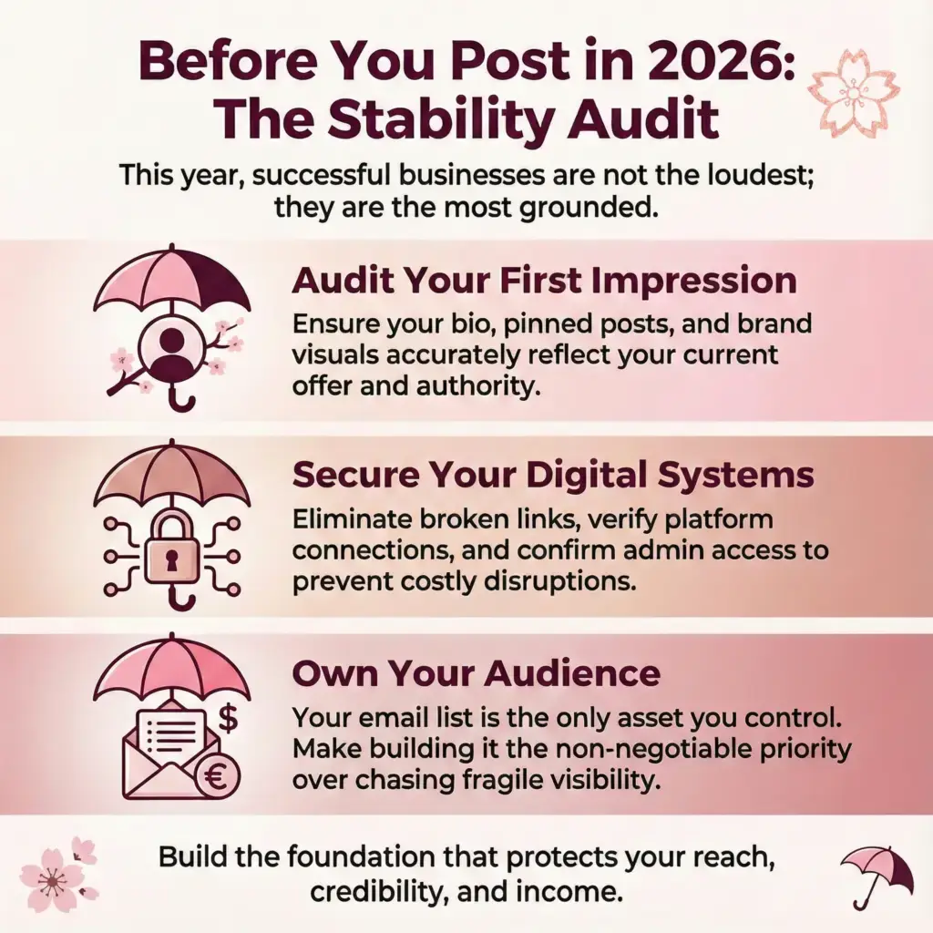 Before You Post in 2026: The Social Media Stability Audit - Blossom to Success social media checklist for 2026 Before You Post in 2026: The Stability Audit” highlighting three priorities for businesses: auditing first impressions, securing digital systems, and owning an email audience, with umbrella icons and soft cherry blossom accents.