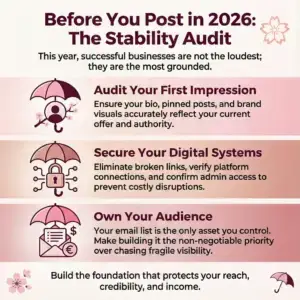 social media checklist for 2026 Before You Post in 2026: The Stability Audit” highlighting three priorities for businesses: auditing first impressions, securing digital systems, and owning an email audience, with umbrella icons and soft cherry blossom accents.
