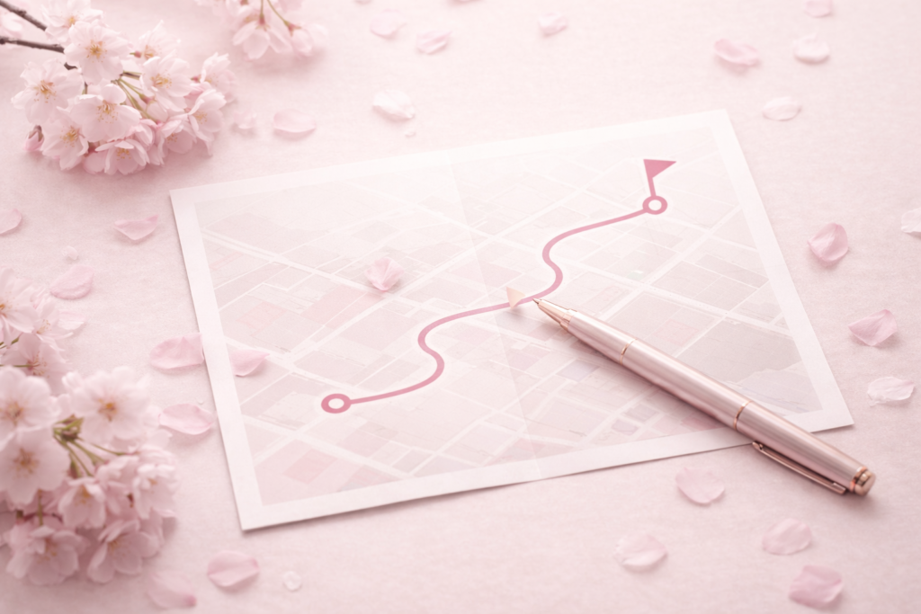 A soft pink flat-lay showing an open map and journal with cherry blossom petals, representing personalized one-on-one brand strategy and clarity.