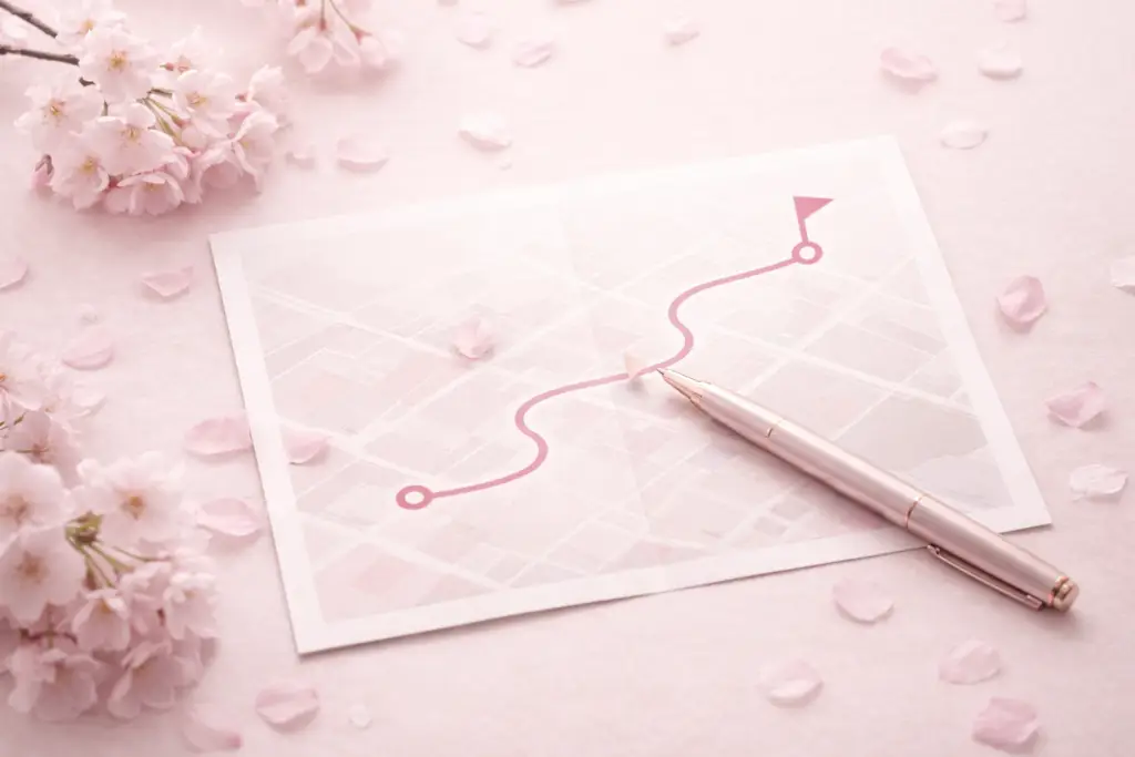 A soft pink flat-lay showing an open map and journal with cherry blossom petals, representing personalized one-on-one brand strategy and clarity.