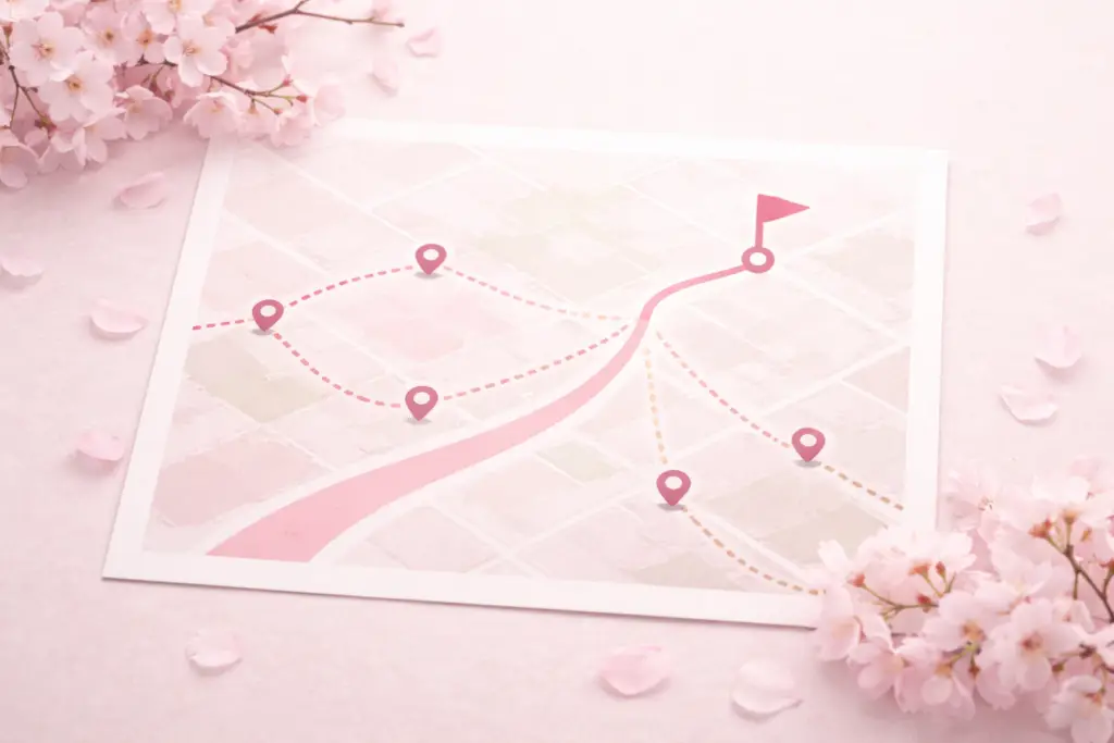 A pink workspace with a journal, pen, and cherry blossoms symbolizing guided group mentorship and shared strategic growth