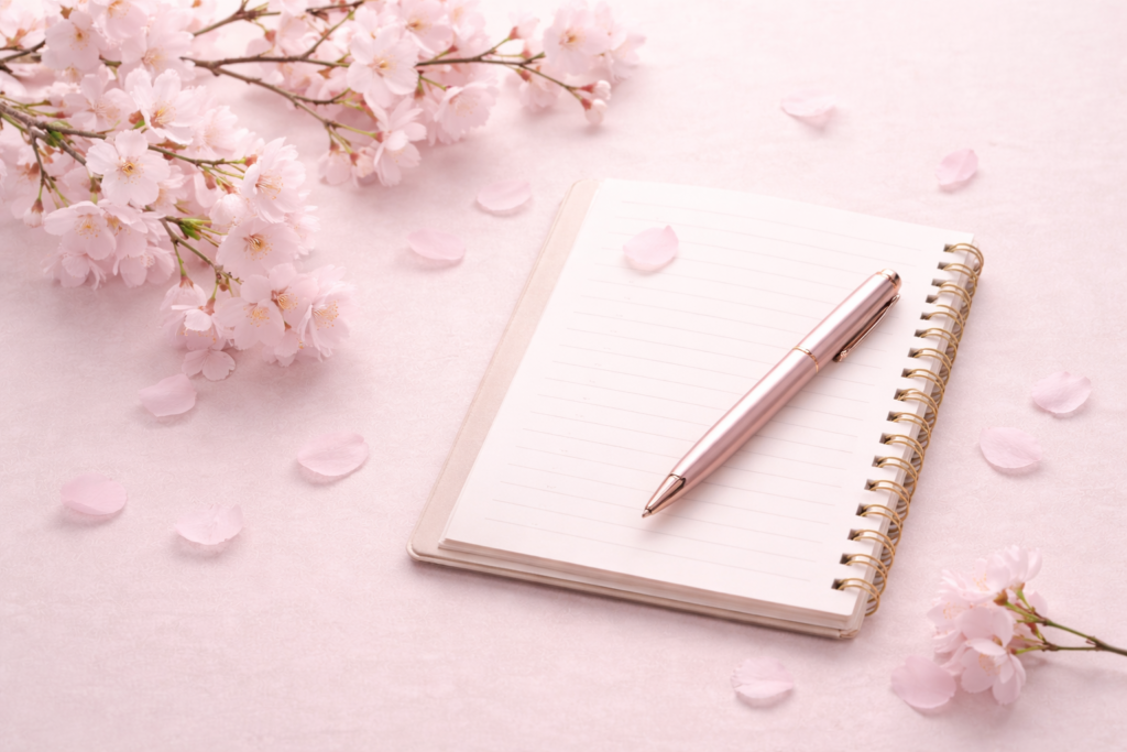 A minimalist pink flat-lay with a spiral notebook, rose-gold pen, and cherry blossoms representing self-guided brand strategy and clarity.