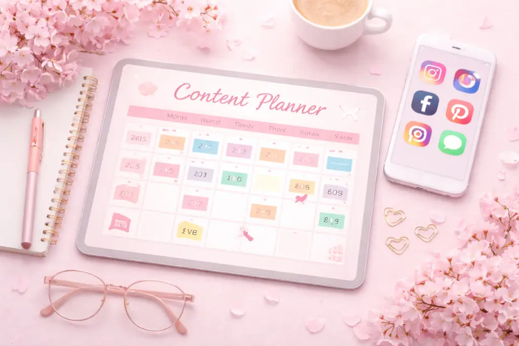 Soft pink flat lay featuring a stylized brand map with location markers and a guiding path, surrounded by cherry blossoms, representing strategic social media management and intentional brand positioning.