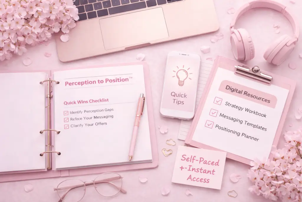 Pink flat lay workspace featuring a Perception to Position™ workbook, checklist, digital devices, and cherry blossoms, representing self-paced digital tools for brand clarity and messaging strategy.