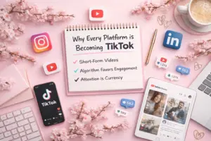 Why every social media platform is becoming TikTok, shown through short-form video icons, cherry blossoms, and engagement-focused content tools. TikTokification of social media