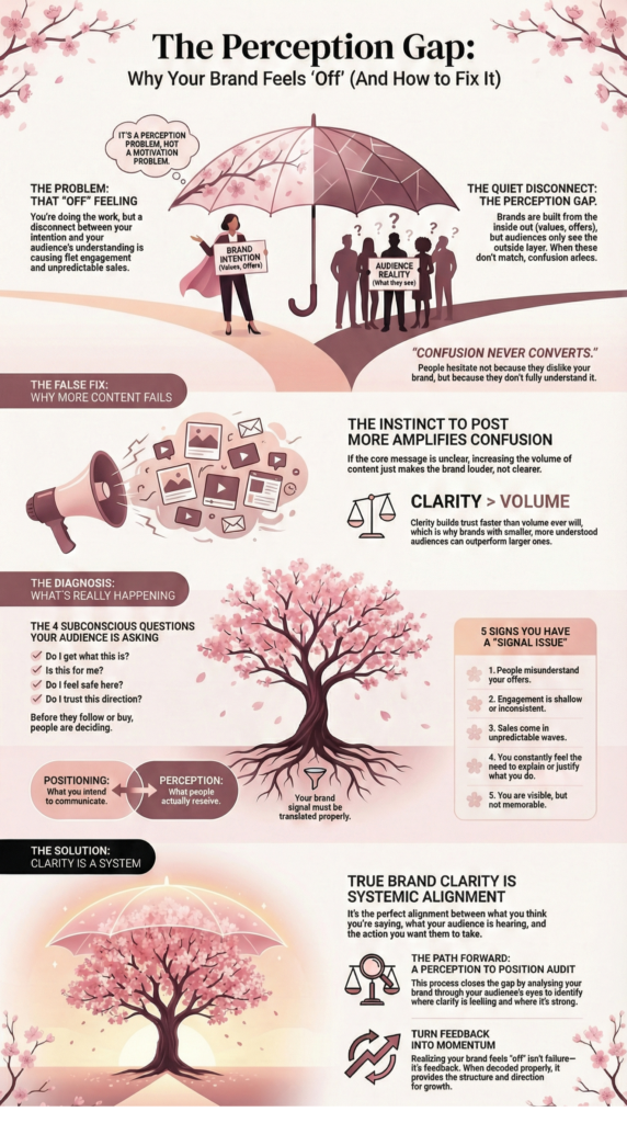 Illustration showing the perception gap in branding, comparing brand intention with audience perception, explaining why unclear messaging leads to confusion, low engagement, and unpredictable sales, with clarity positioned as a system rather than more content.