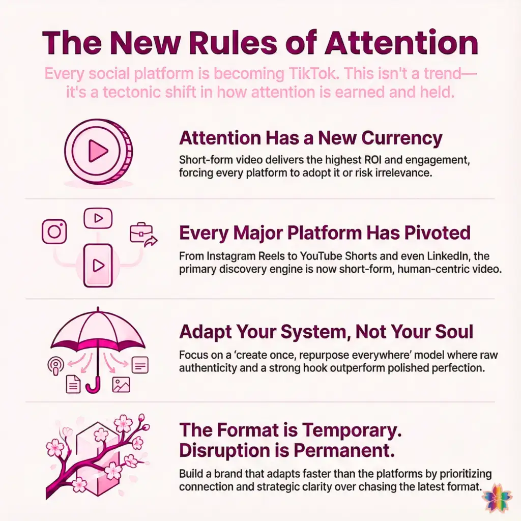 Illustrated infographic showing how social media platforms are becoming TikTok-style, highlighting Instagram Reels, YouTube Shorts, LinkedIn video, and a create-once repurpose-everywhere authority strategy.
