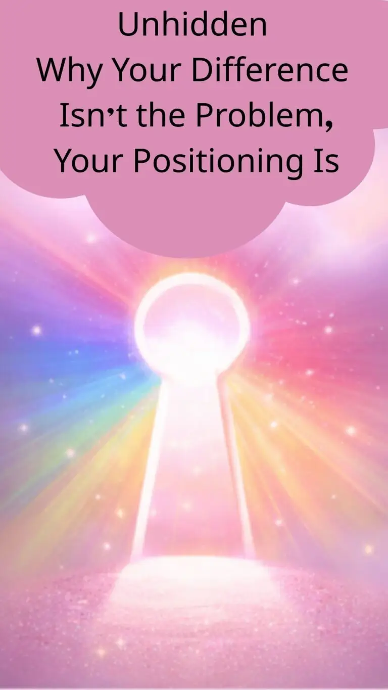 A soft pink and cherry blossom–inspired graphic with light radiating from an opening shape, symbolizing authenticity, identity, and being seen without hiding.