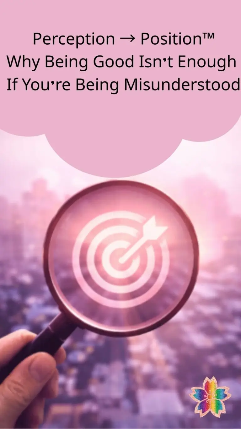 A pink-toned graphic showing a magnifying glass over a target symbol, representing the Perception → Position™ framework for brand clarity and strategic positioning.