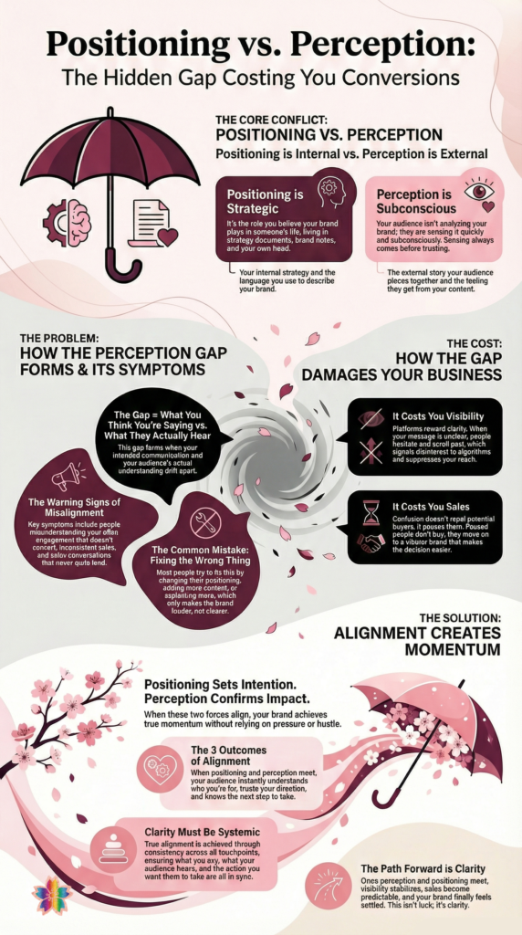 Detailed infographic explaining positioning versus perception in branding, showing how the perception gap forms, warning signs of misalignment, the cost to visibility and sales, and how clarity and alignment create predictable growth.