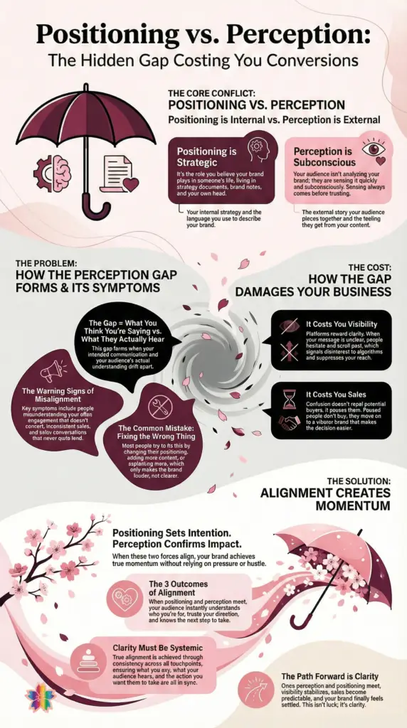 Detailed infographic explaining positioning versus perception in branding, showing how the perception gap forms, warning signs of misalignment, the cost to visibility and sales, and how clarity and alignment create predictable growth.