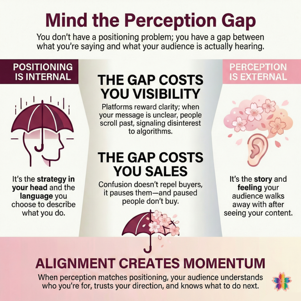 Graphic explaining the perception gap in branding, showing positioning as internal strategy, perception as external audience understanding, and how misalignment reduces visibility and sales while alignment creates momentum. perception vs positioning