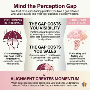 Graphic explaining the perception gap in branding, showing positioning as internal strategy, perception as external audience understanding, and how misalignment reduces visibility and sales while alignment creates momentum. perception vs positioning