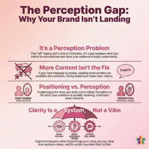 Why Your Brand Feels Off, Minimal branding graphic explaining the perception gap in marketing, highlighting that unclear messaging amplifies confusion, defining positioning versus perception, and showing how clarity aligns what you say, what your audience hears, and the action you want them to take.
