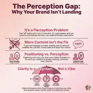 Why Your Brand Feels Off, Minimal branding graphic explaining the perception gap in marketing, highlighting that unclear messaging amplifies confusion, defining positioning versus perception, and showing how clarity aligns what you say, what your audience hears, and the action you want them to take.