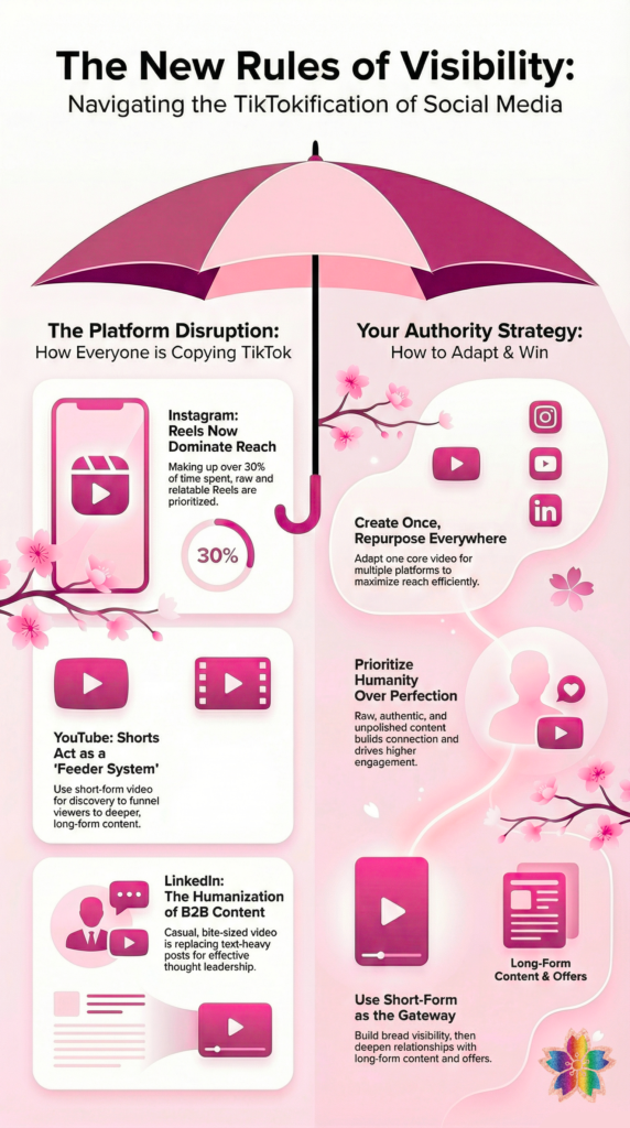 Infographic explaining the new rules of attention in social media marketing, showing how short-form video drives engagement, platform discovery, and brand authority across Instagram, YouTube, LinkedIn, and TikTok-style formats.